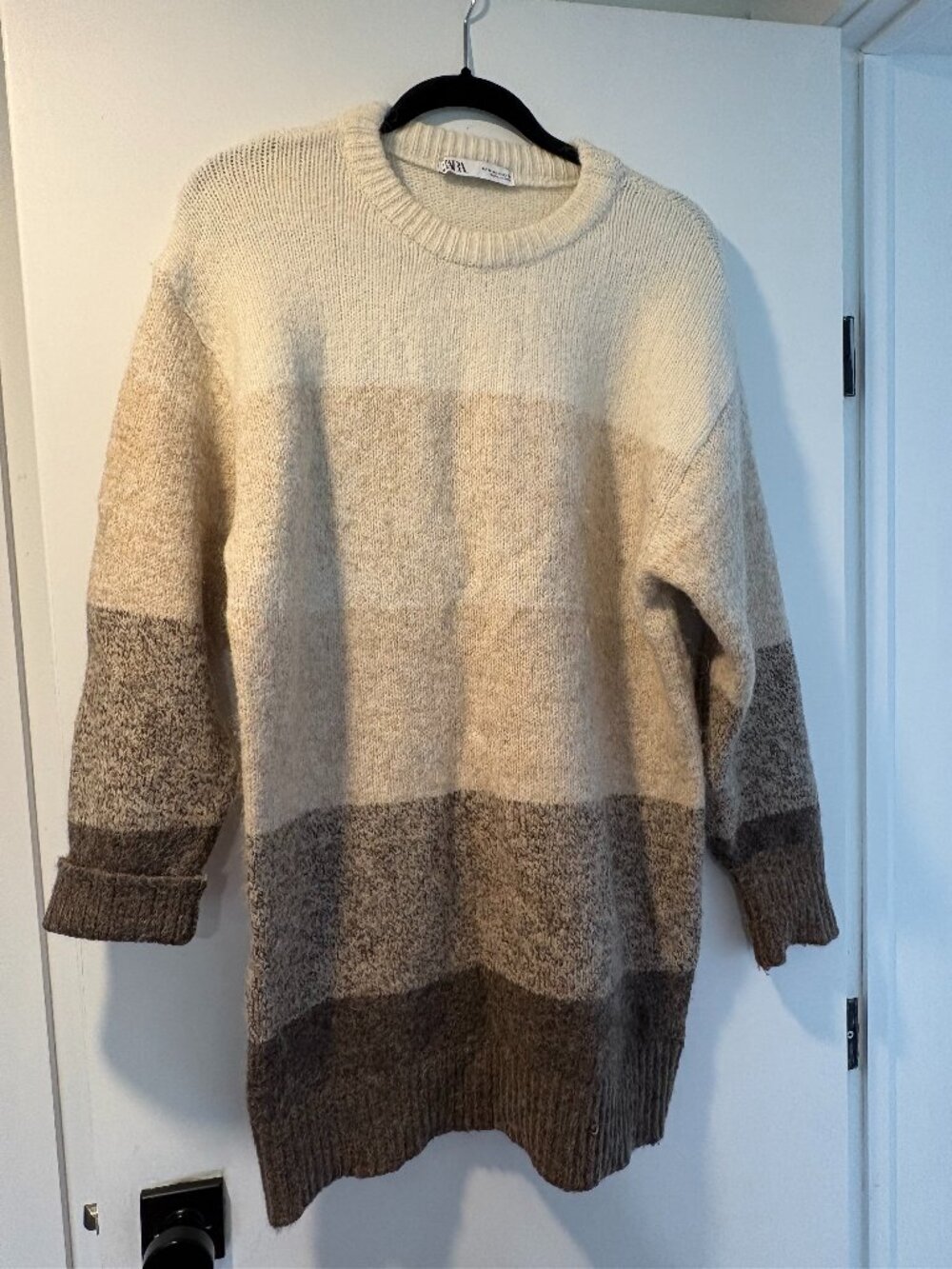 Zara Oversized Colorblock Knit Sweater Cream Grey Brown Ombre Stripe M